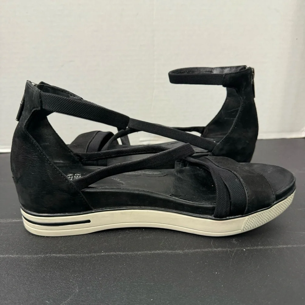 Eileen Fisher Sola Black Nubuck Criss Cross Ankle Strap Heel Zipper Sandals